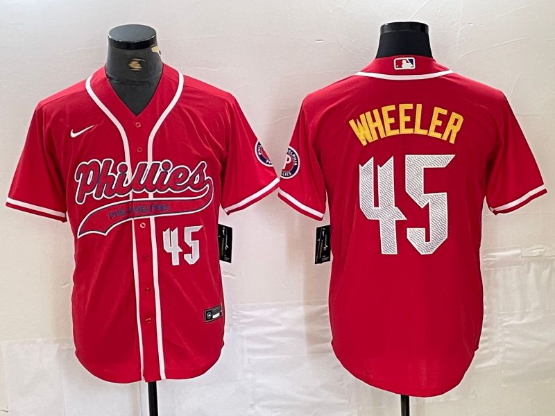 Men Philadelphia Phillies 45 Wheeler Red Jointly Nike 2024 MLB Jersey style 2